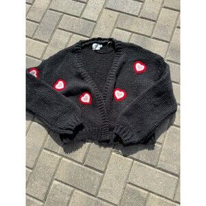 Ivy Luna Anthropologie Black With Hearts Cropped Sweater Cardigan NWT Size S/M